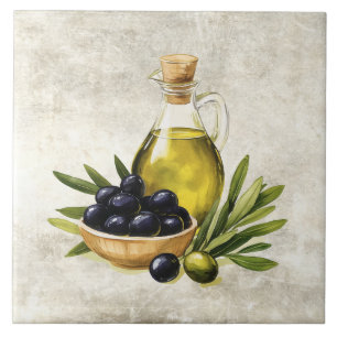 Watercolor Black Olive Oil Olives Faux Texture Ceramic Tile