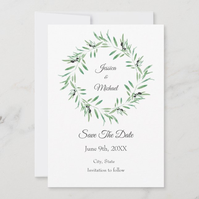 Watercolor Black Olive Wreath Save The Date (Front)