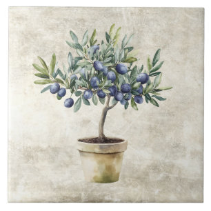 Watercolor Black Olives in Pot Faux Texture Ceramic Tile