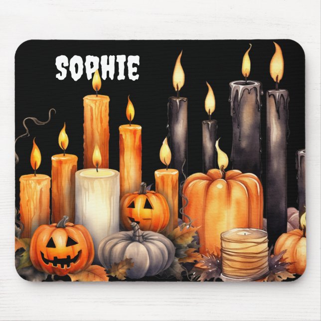WATERCOLOR BLACK & ORANGE HALLOWEEN CANDLES MOUSE PAD (Front)