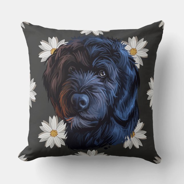 WATERCOLOR BLACK PORTUGESE WATER DOG FACE CUSHION (Front)