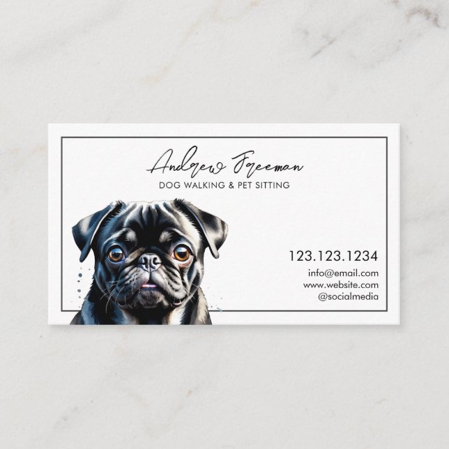 Watercolor Black Pug Dog Walking Business Card (Front)