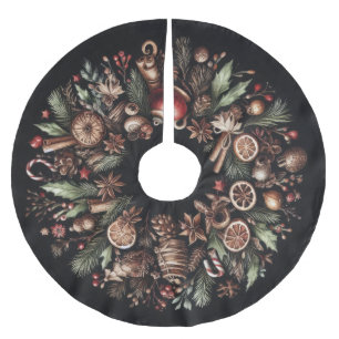 Watercolor Black Rustic Christmas Motifs Holiday Brushed Polyester Tree Skirt