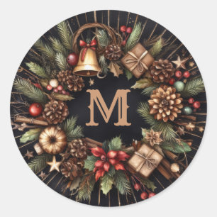 Watercolor Black Rustic Christmas Motifs Holiday Classic Round Sticker
