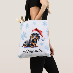 Watercolor Black & Tan Dachshund Christmas Dog Tote Bag