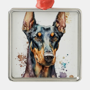 WATERCOLOR BLACK & TAN DOBERMAN PINSCHER DOG METAL ORNAMENT