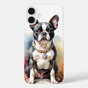WATERCOLOR BLACK & WHITE BOSTON TERRIER DOG iPhone 16 PLUS CASE