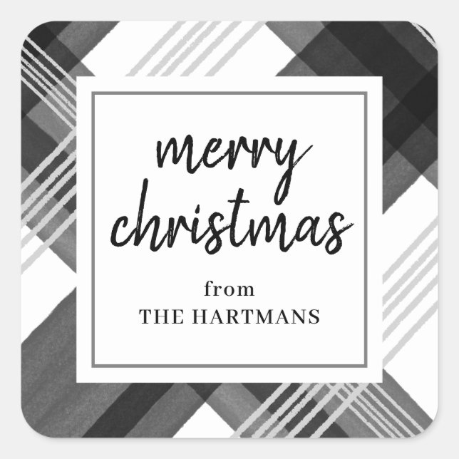 Watercolor Black White Plaid Merry Christmas Name  Square Sticker (Front)