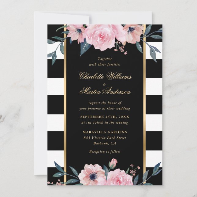 Watercolor Black White Stripe Pink Floral Wedding Invitation (Front)