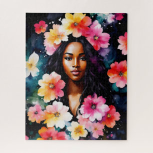 Watercolor Black Woman Floral Art Jigsaw Puzzle