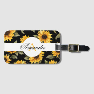 Watercolor Black Yellow Sunflower Seamless Pattern Luggage Tag