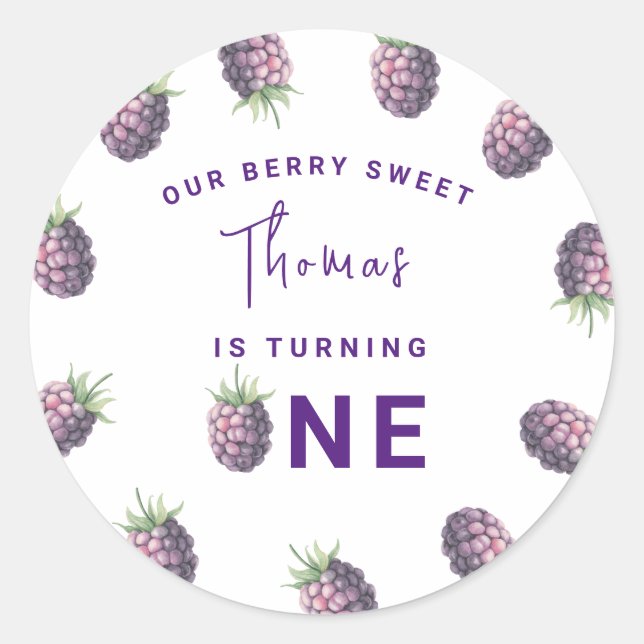 Watercolor blackberries 1st birthday party classic round sticker (Front)
