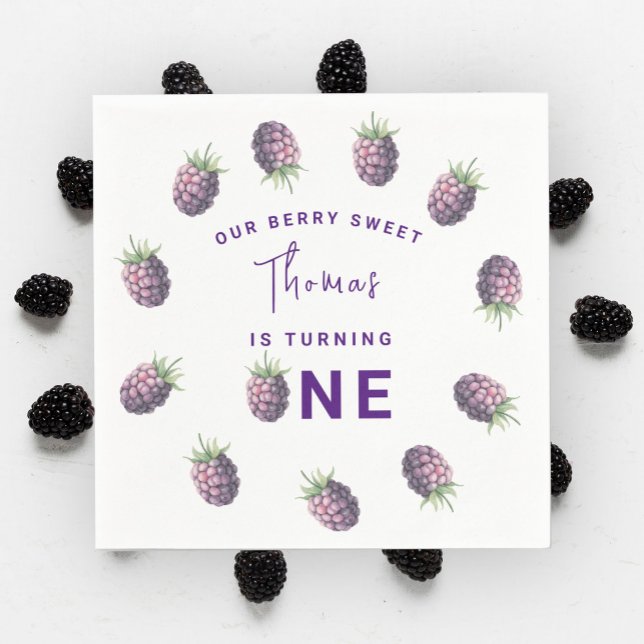 Watercolor blackberries 1st birthday party napkin (Creator Uploaded)