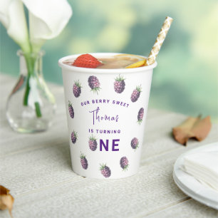 Watercolor blackberries 1st birthday party paper cups