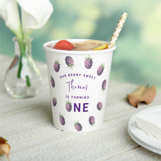 Watercolor blackberries 1st birthday party paper cups (Insitu)
