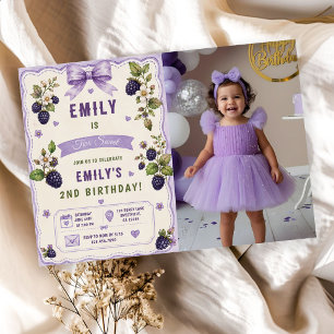 Watercolor Blackberry 2nd Birthday Party Photo Invitation