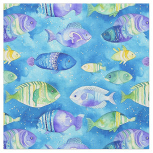 "Watercolor Bleu and Pink Fish Underwater Seamless Fabric