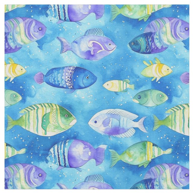"Watercolor Bleu and Pink Fish Underwater Seamless Fabric (Close Up)
