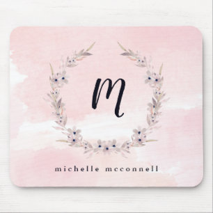 Watercolor Bliss Blush Pink Floral with Monogram Mouse Pad