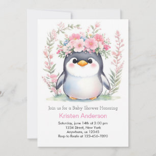 Watercolor Blissful Cute Penguin Girl Baby Shower Invitation