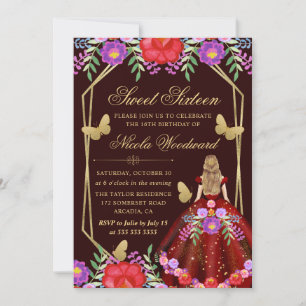 Watercolor Blonde in Mexican Floral Dress Sweet 16 Invitation