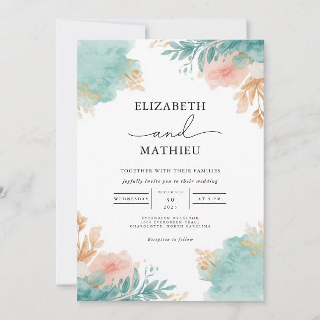 Watercolor Bloom Arch Wedding Invitation (Front)