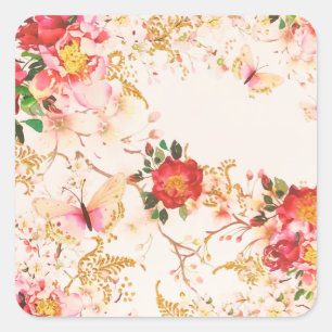 Watercolor Bloom Floral Buttefly Blush Glitter Square Sticker