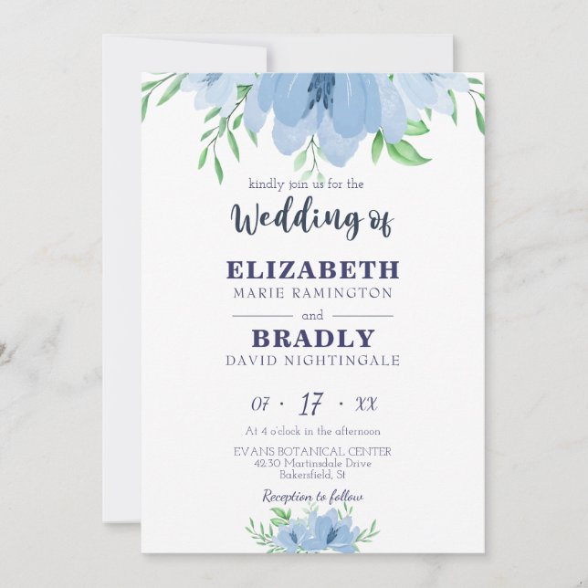 Watercolor Bloom Greenery Dusty Navy Blue Wedding Invitation (Front)