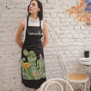 Watercolor Blooming Cactus Succulent Monogram Apron