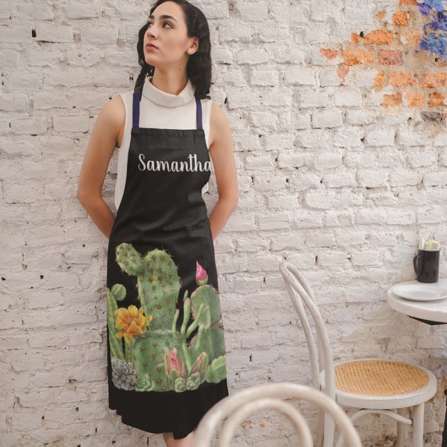 Watercolor Blooming Cactus Succulent Monogram Apron (Creator Uploaded)