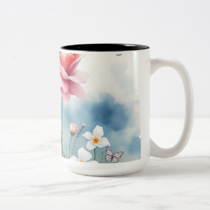 Watercolor Blooming Garden with Butterflies Two-Tone Coffee Mug