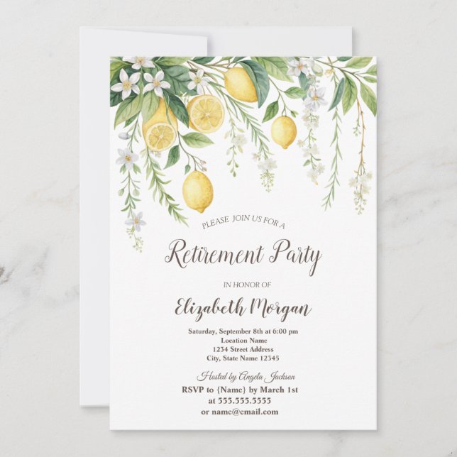 Watercolor Blooming Lemons Retirement  Invitation (Front)