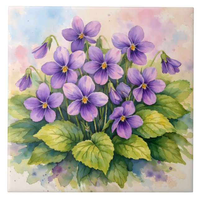 Watercolor Blooming Purple Violets  Ceramic Tile (Front)