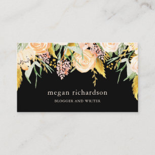 Watercolor Blooms Gold and Peach Floral on Black Business Card