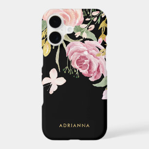 Watercolor Blooms Pink and Gold Floral on Black