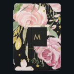 Watercolor Blooms | Pink and Gold Floral on Black iPad Pro Cover<br><div class="desc">This beautiful,  dramatic cover features a blush pink and faux gold look floral design with plenty of trendy,  green botanical leaves on a black background. We have used art from LABFcreations.</div>