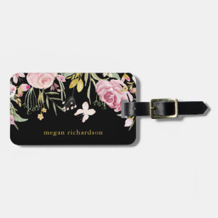 Watercolor Blooms   Pink and Gold Floral on Black Luggage Tag