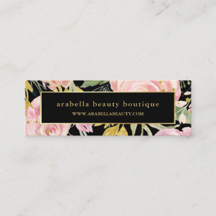 Watercolor Blooms Pink and Gold Floral on Black Mini Business Card