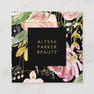 Watercolor Blooms Pink and Gold Floral on Black Square Business Card
