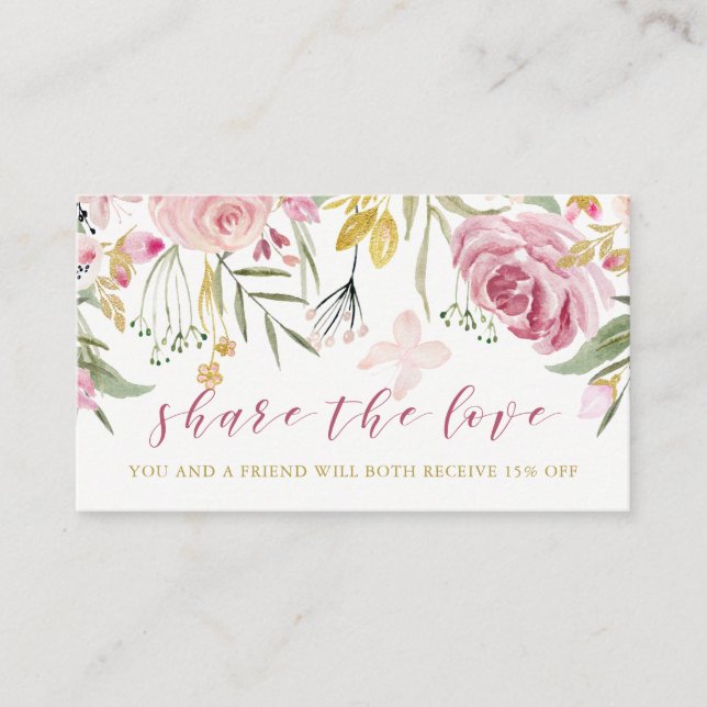 Watercolor Blooms | Pink and Gold Floral Referral Card (Front)