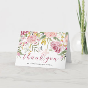 Watercolor Blooms   Pink and Gold Floral Thank You Card