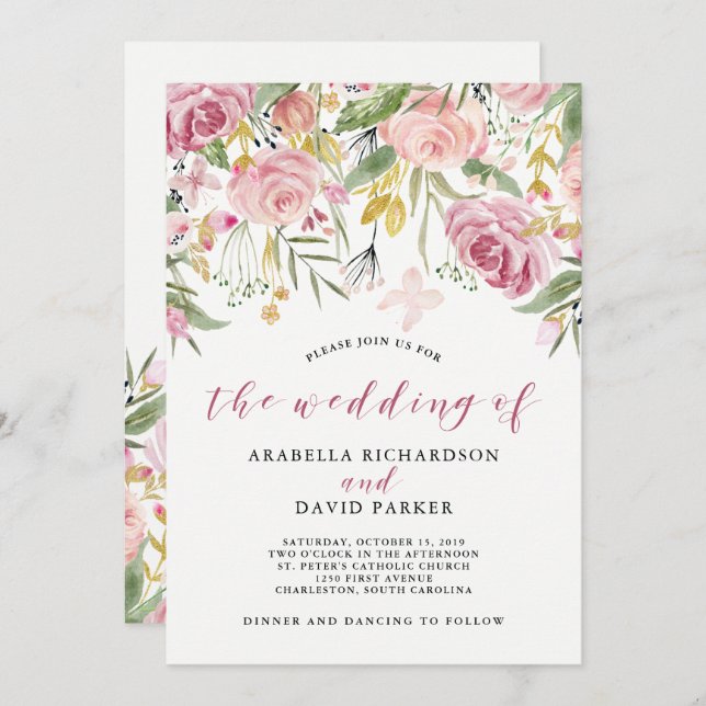 Watercolor Blooms | Pink and Gold Floral Wedding Invitation (Front/Back)