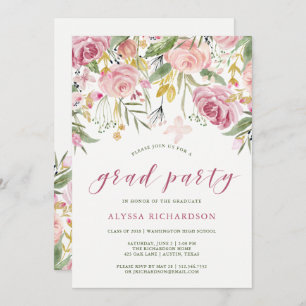 Watercolor Blooms Pink and Gold Graduation Party Invitation