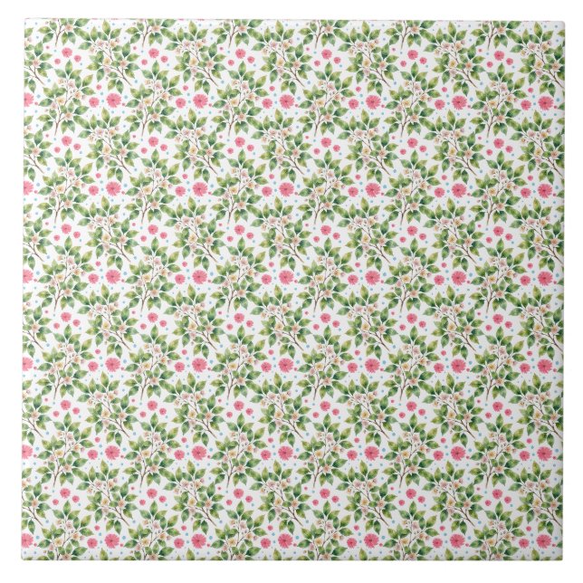 Watercolor Blossom Branch Floral Pattern Ceramic Tile (Front)