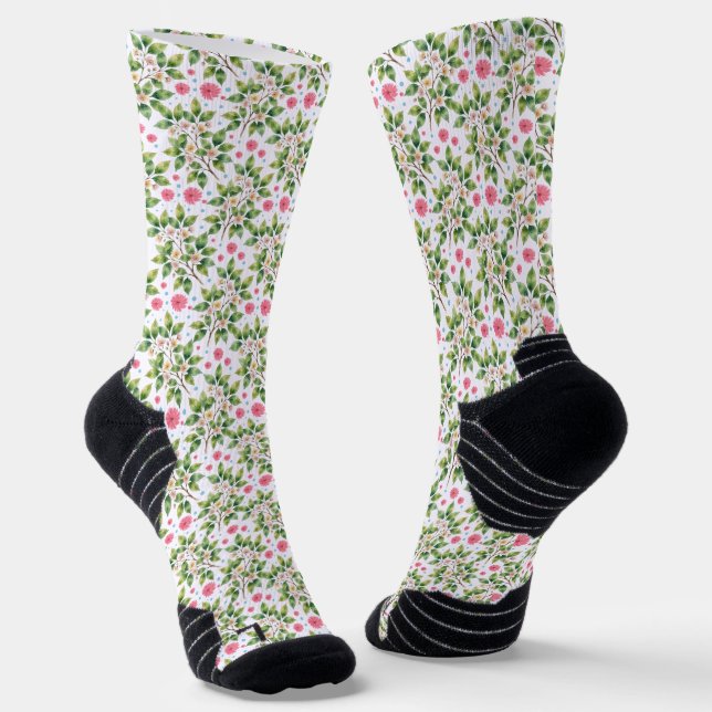 Watercolor Blossom Branch Floral Pattern Socks (Angled)