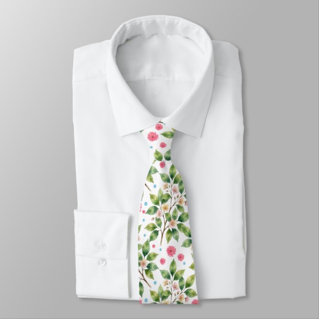 Watercolor Blossom Branch Floral Pattern Tie (Tied)