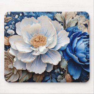 Watercolor Blossom in Blue and White flowers,  Mouse Pad