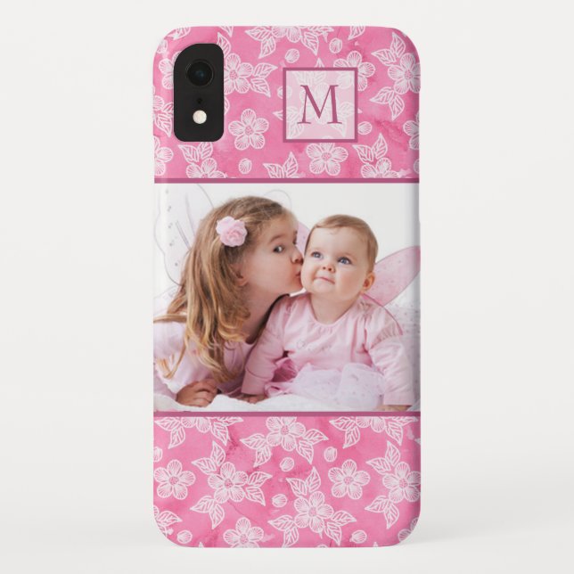Watercolor Blossom Pink Monogram Photo Case-Mate iPhone Case (Back)