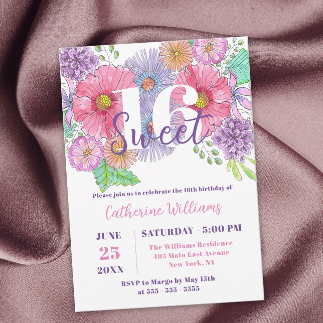 Watercolor Blossoms and Greenery Sweet 16 Birthday Invitation (Creator Uploaded)