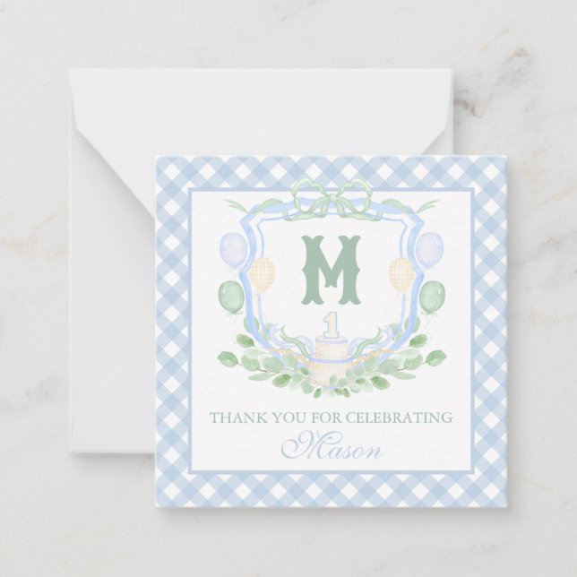 Watercolor Blue 1st Birthday Monogram Crest Gift Card (Front)